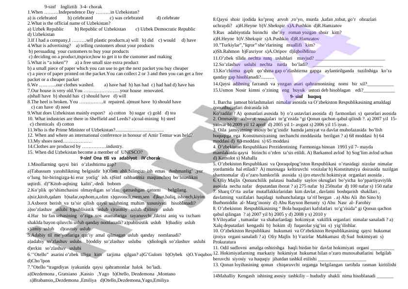 9-sinf ingliz tili 3-4-chorak savollari