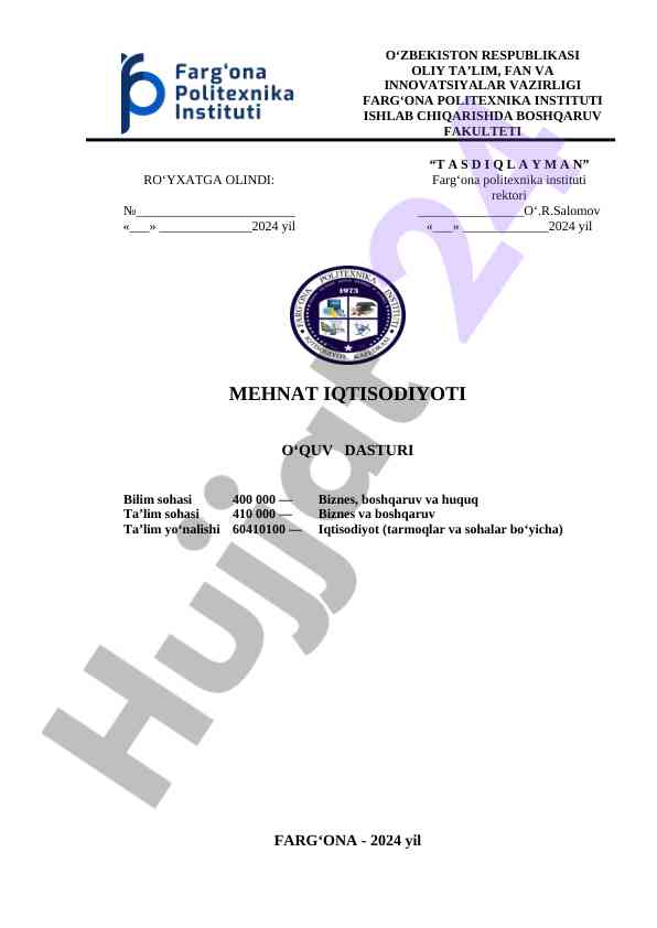 Mehnat iqtisodiyot o‘quv dasturi farg‘ona 2024