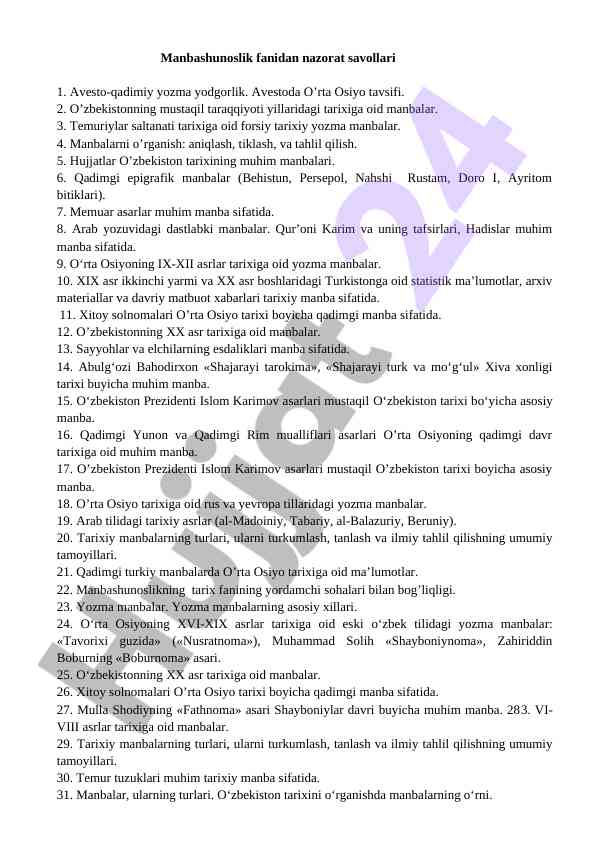Manbashunoslik fanidan nazorat savollari