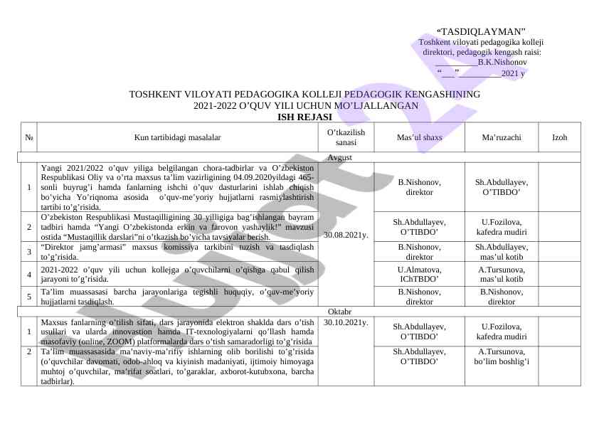 2021-2022 o‘quv yili ish rejasi