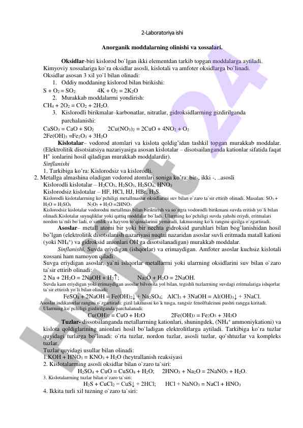 Anorganik moddalarning olinishi va xossalari