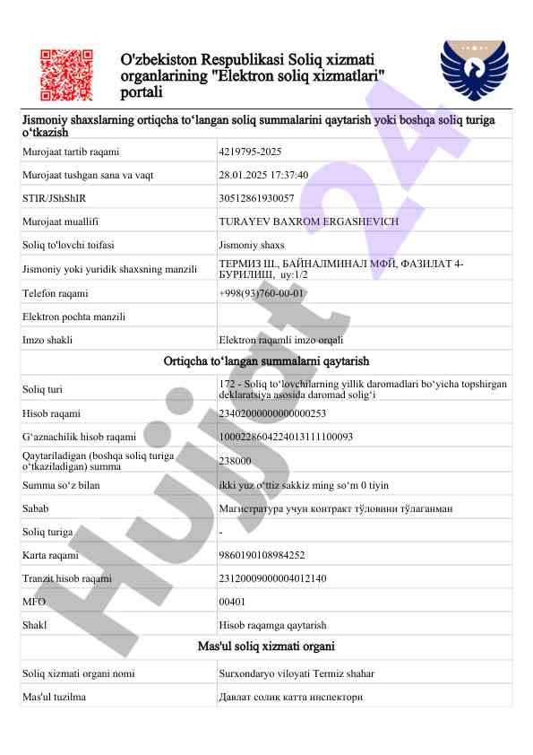 Elektron soliq xizmatlari portali qaytarish tartibi