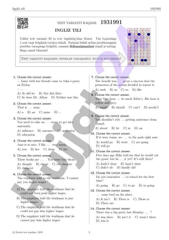 Ingliz tili test varianti 1931991