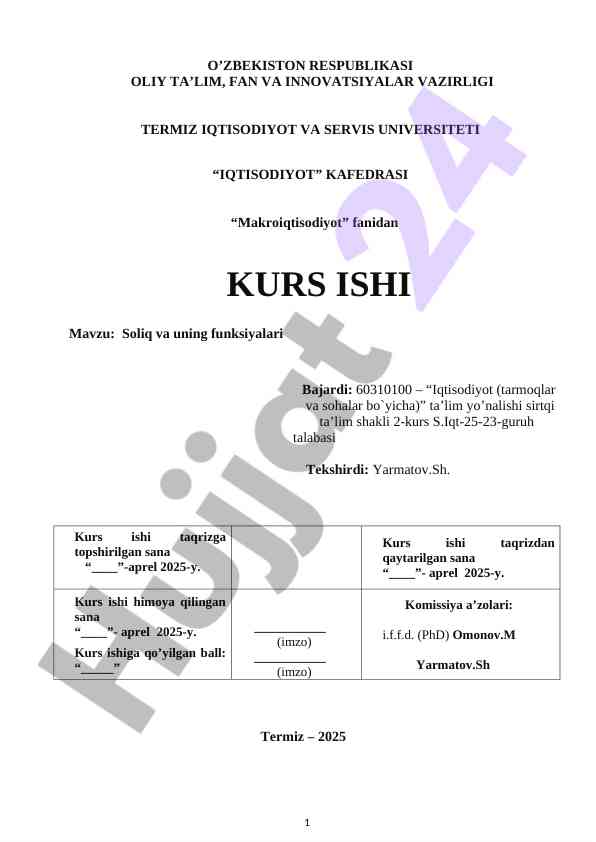 Soliq va uning funksiyalari kurs ishining mavzusi