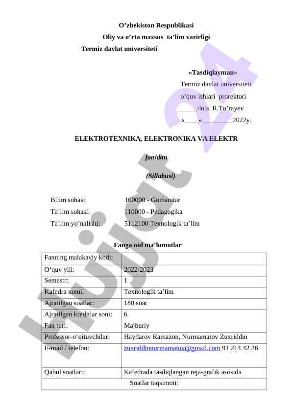 Elektrotexnika va elektronika fanidan sillabus