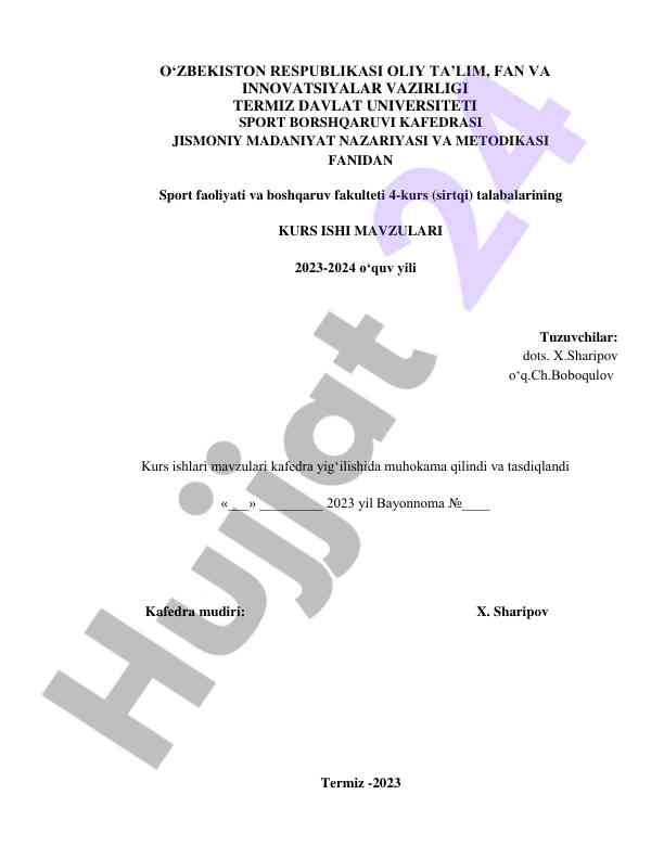 Sport boshqaruvi kurs ishlari mavzulari 2023-2024