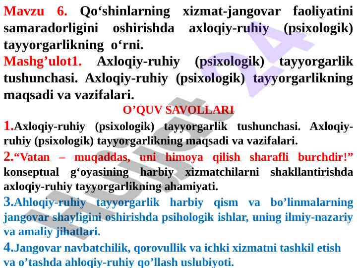 Axloqiy-ruhiy tayyorlanishning harbiy faoliyatdagi o'rni