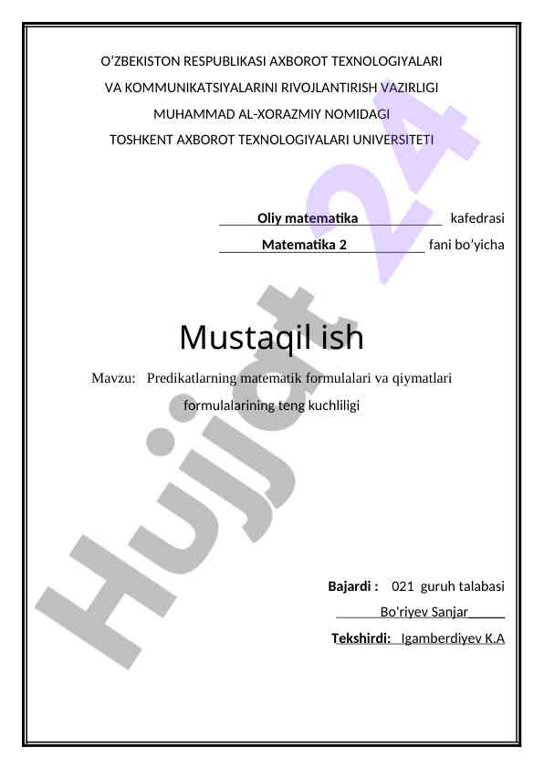 Predikatlarning matematik formulalari va qiymatlari