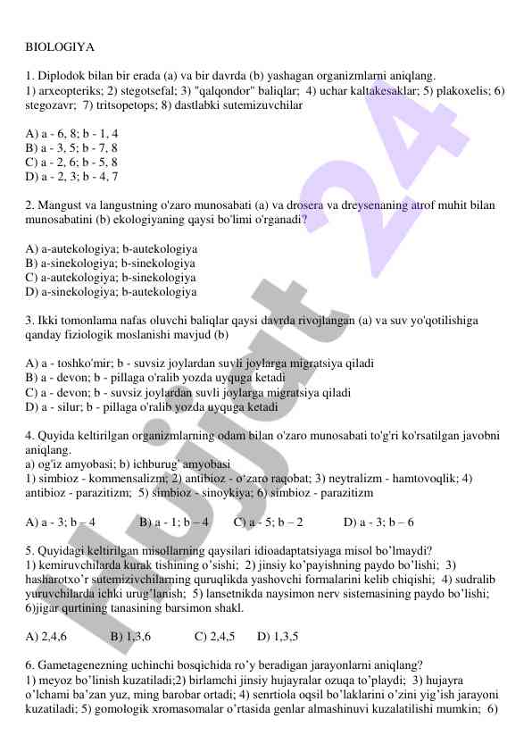 Biologiya: organizm munosabatlari va ekologiya