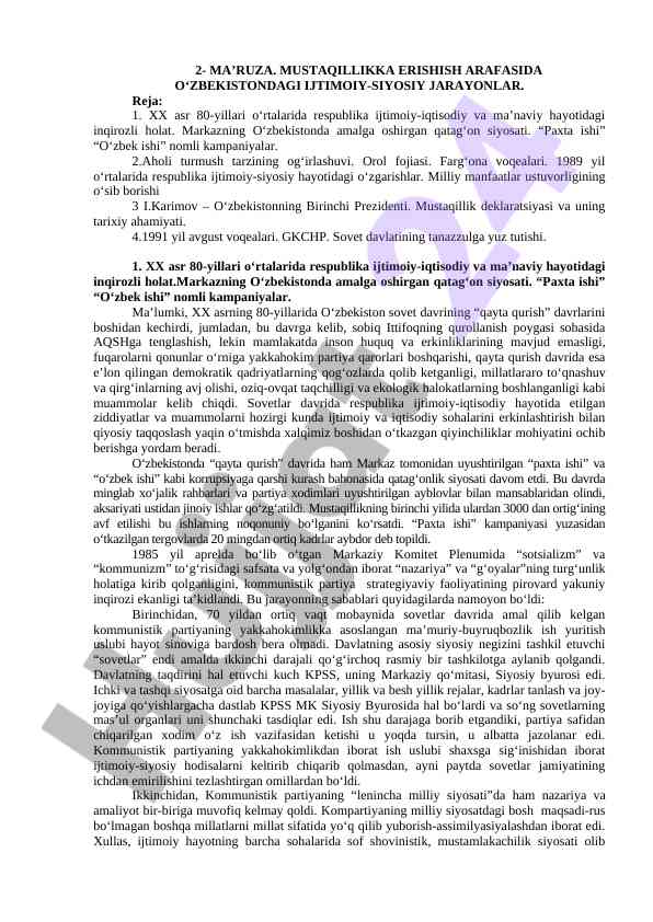 Ijtimoiy-siyosiy jarayonlar mustaqillik arafasida