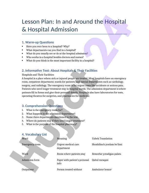 In and around the hospital: lesson plan overview