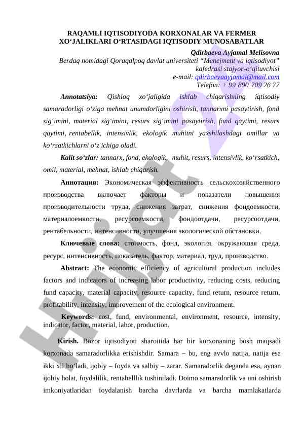 Iqtisodiy munosabatlar va samaradorlik ko'rsatkichlari