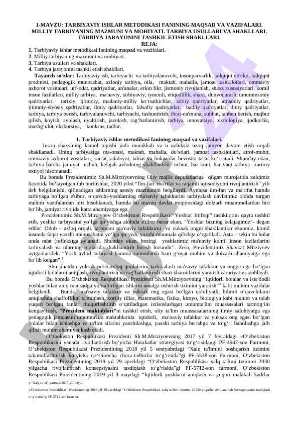Tarbiyaviy ishlar metodikasi va milliy tarbiya
