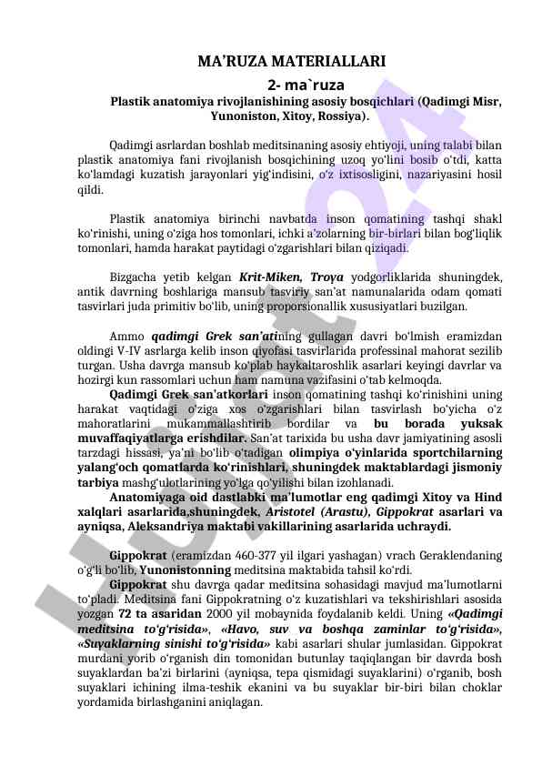 Plastik anatomiya rivojlanishining asosiy bosqichlari