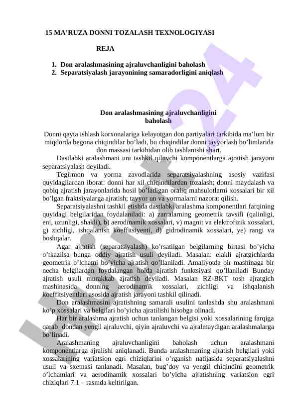 Donni tozalash texnologiyasi va separatsiyalash jarayonlari