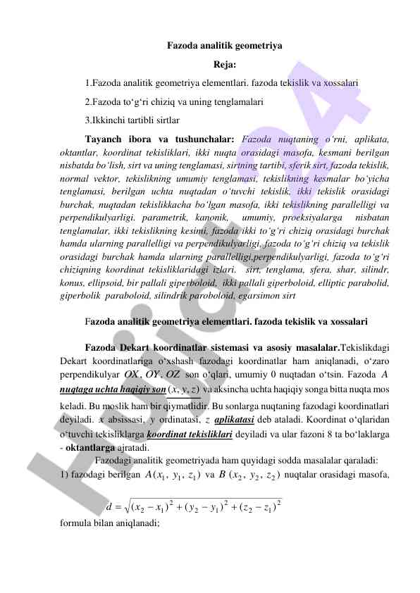 Fazoda analitik geometriya elementlari