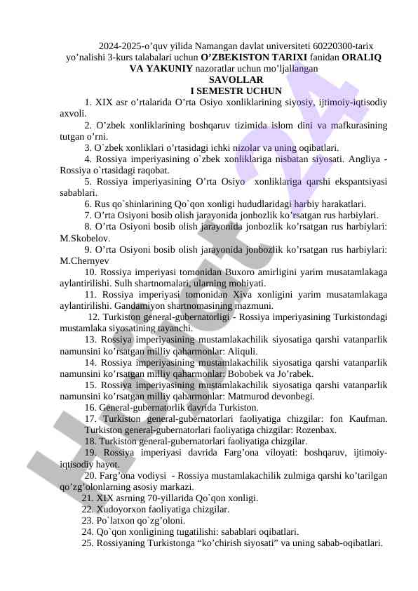 O`zbekiston tarixi savollar i semestr uchun