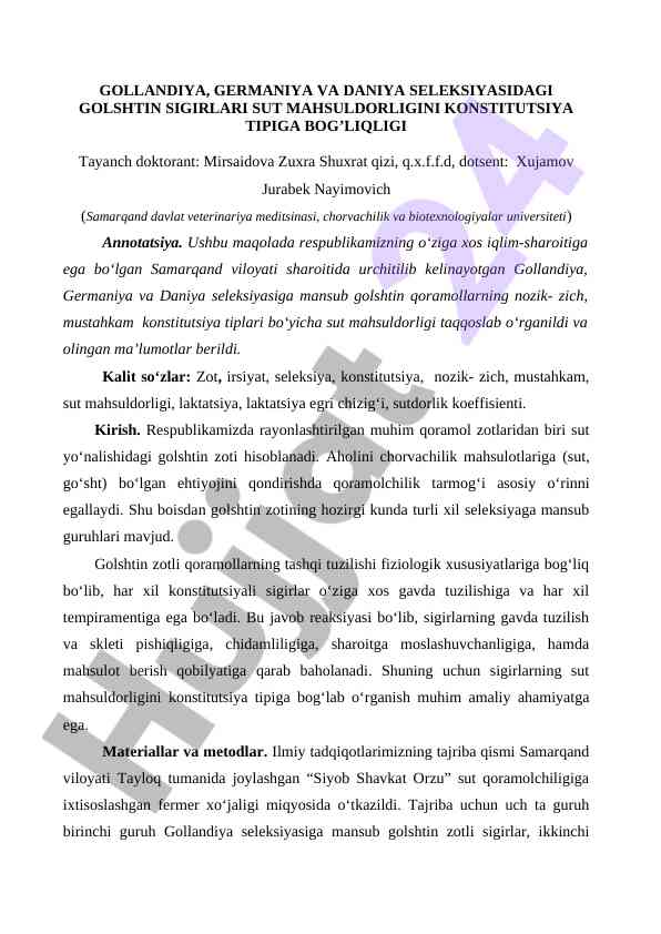 Golshtin sigirlarining sut mahsuldorligi tadqiqoti