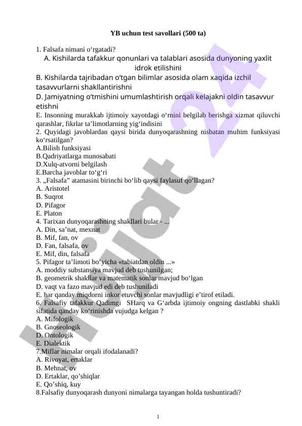 Falsafa uchun test savollari 500 ta
