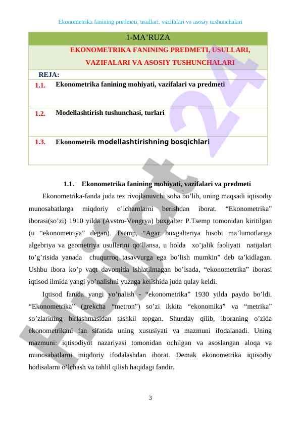 Ekonometrika fanining asosiy tushunchalari va vazifalari