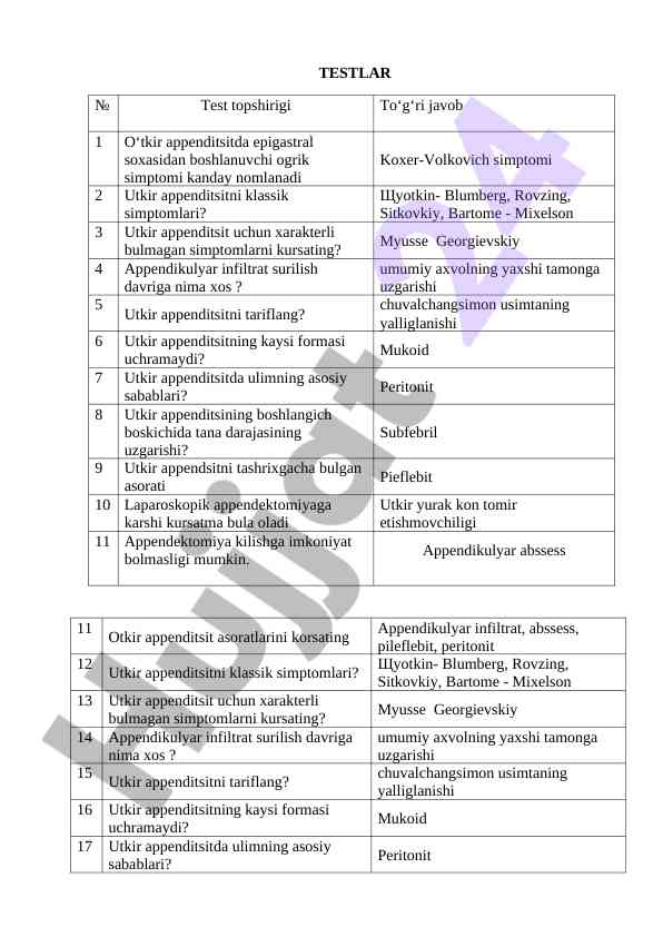 Utkir appenditsit va harakatlar xususiyatlari