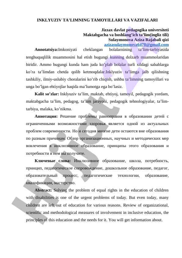Inklyuziv Ta’limning Tamoyillari Va Vazifalari