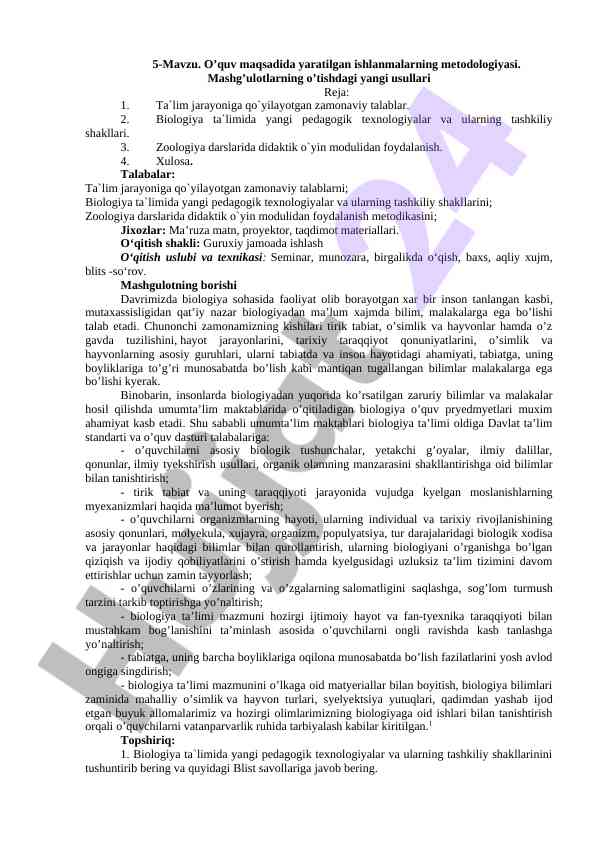 Metodologiya uslublari biologiya ta'limida