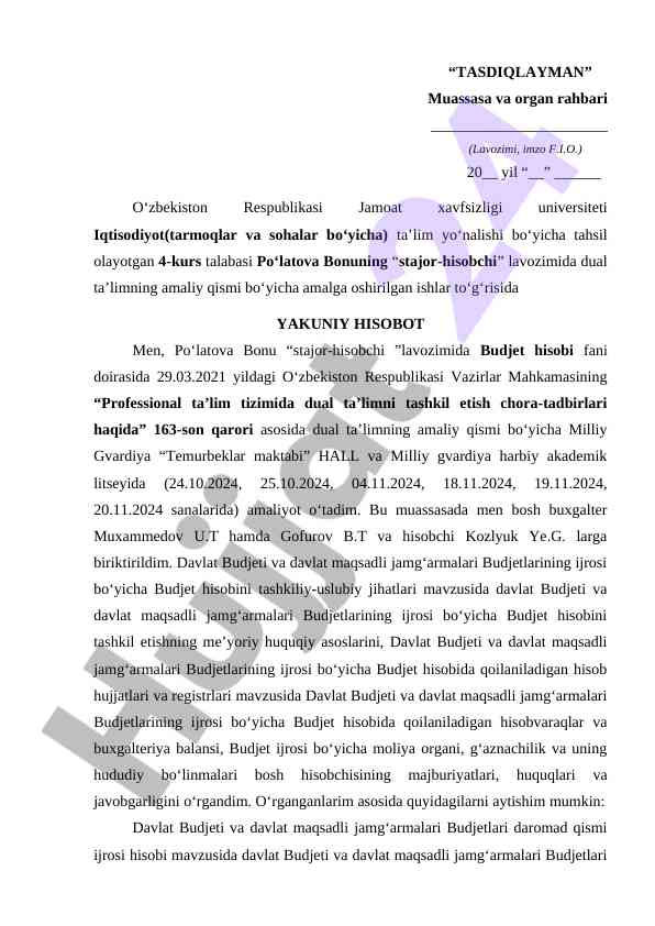 Amaliyot hisoboti: dual ta'lim tajribasi rivoji