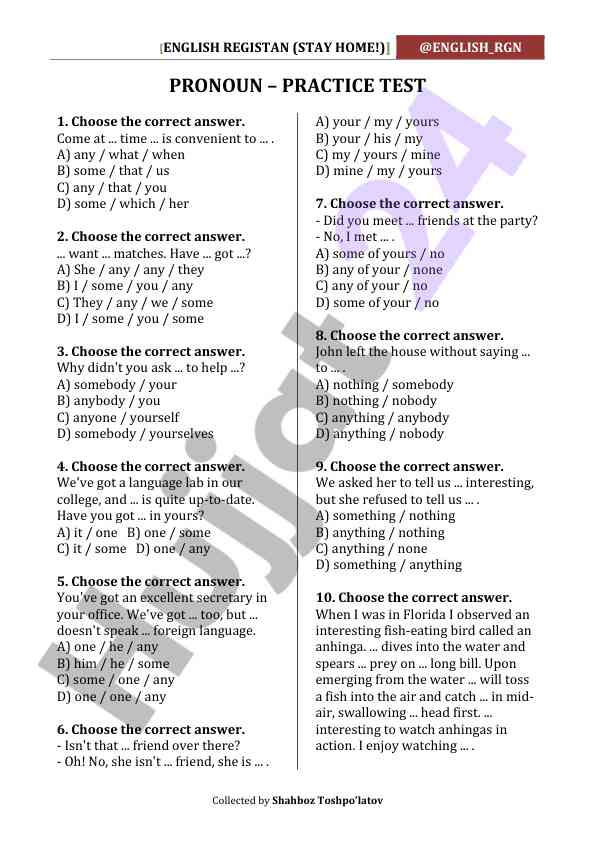 Pronoun practice test for language learners