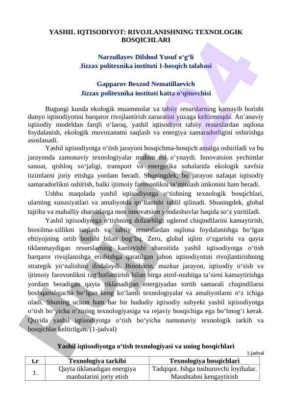 Yashil iqtisodiyot: rivojlanishning texnologik bosqichlari