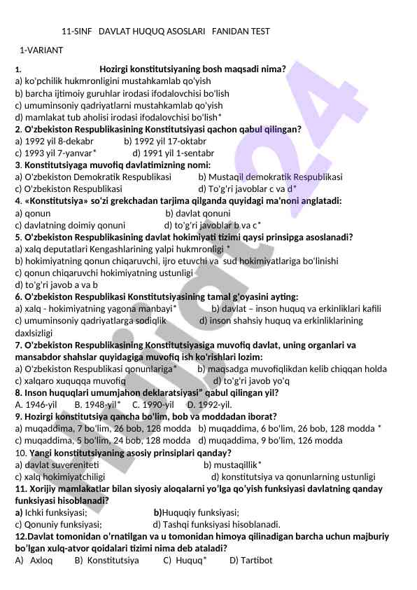 11-sinfdan davlat huquq asoslari test varianti