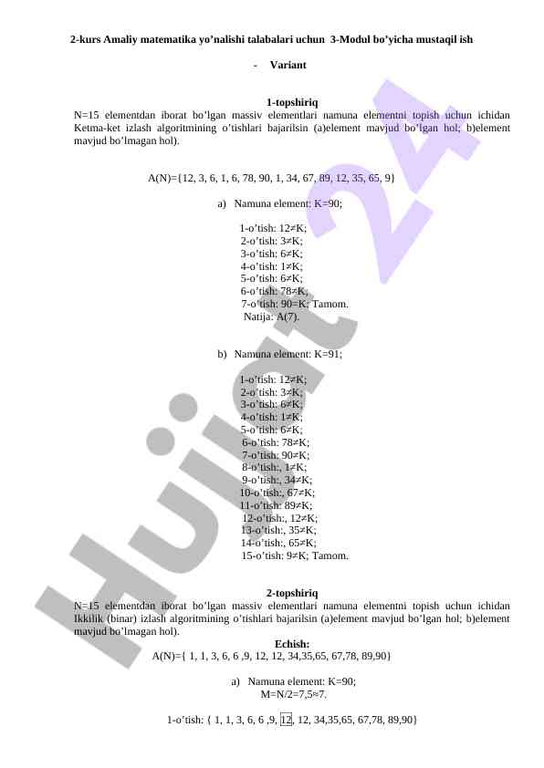 Ikkilik izlash algoritmi bo'yicha mustaqil ish