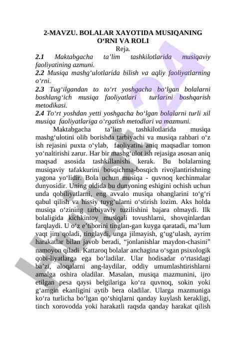 Maktabgacha ta’limda musiqa faoliyatining o‘rni