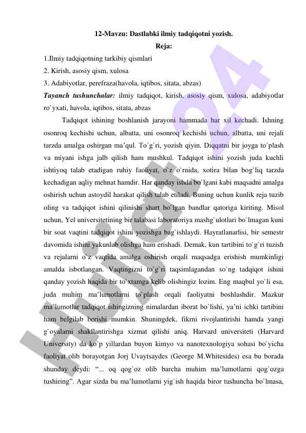 Dastlabki ilmiy tadqiqotni yozish rejasi
