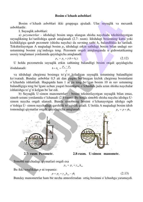 Bosim o‘lсhash asboblari bilan tekshiruvlar o‘tkazish