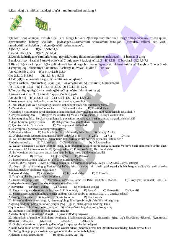 O'simliklar haqida test savollari