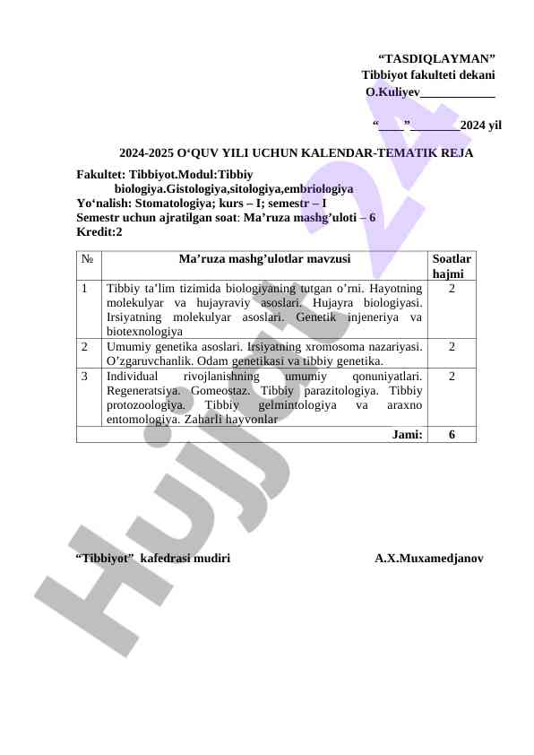 Kalendар-tematik reja tibbiy biologiya 2024