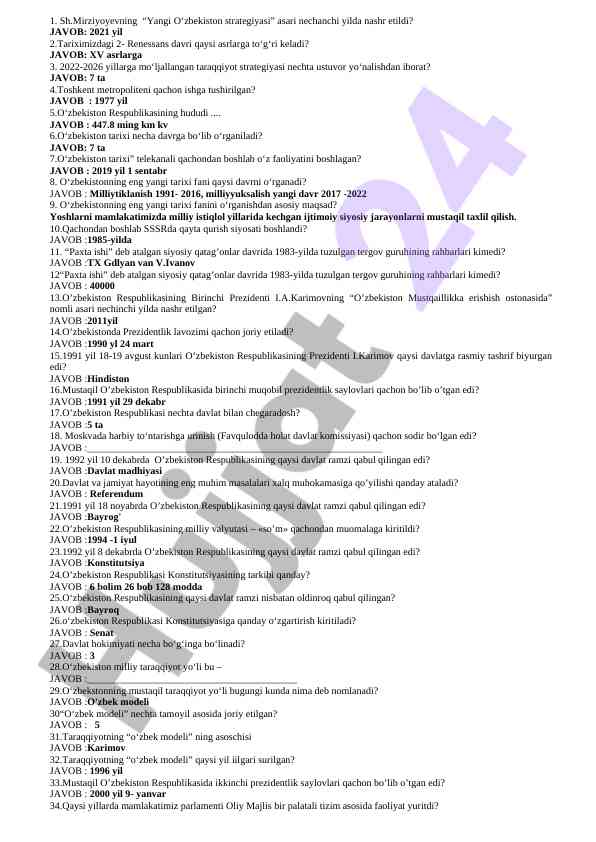 O‘zbekiston tarixi bo‘yicha test savollari