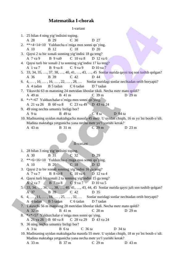 Matematika testlari i-chorak i-variant 25