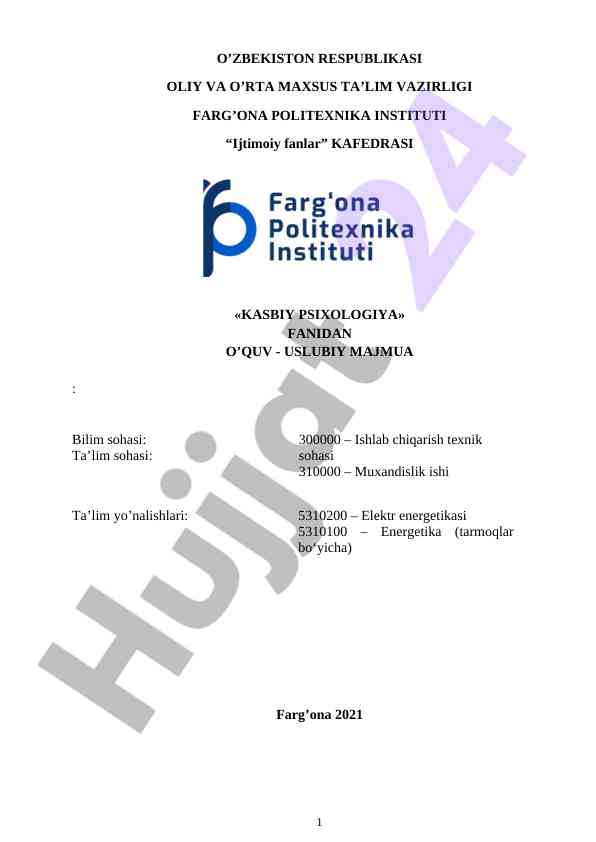 Kasbiy psixologiya fanidan o‘quv-uslubiy majmua