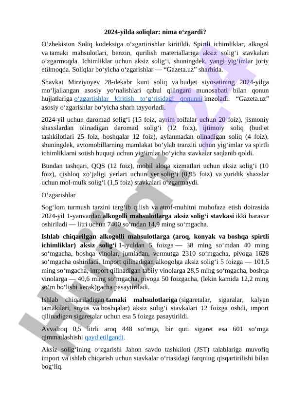 2024 yilda soliqlar o'zgargan asosiy o'zgarishlar