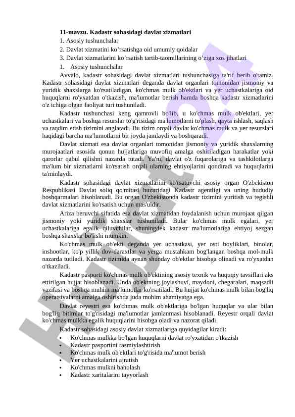 Kadastr sohasidagi davlat xizmatlari tushunchalari