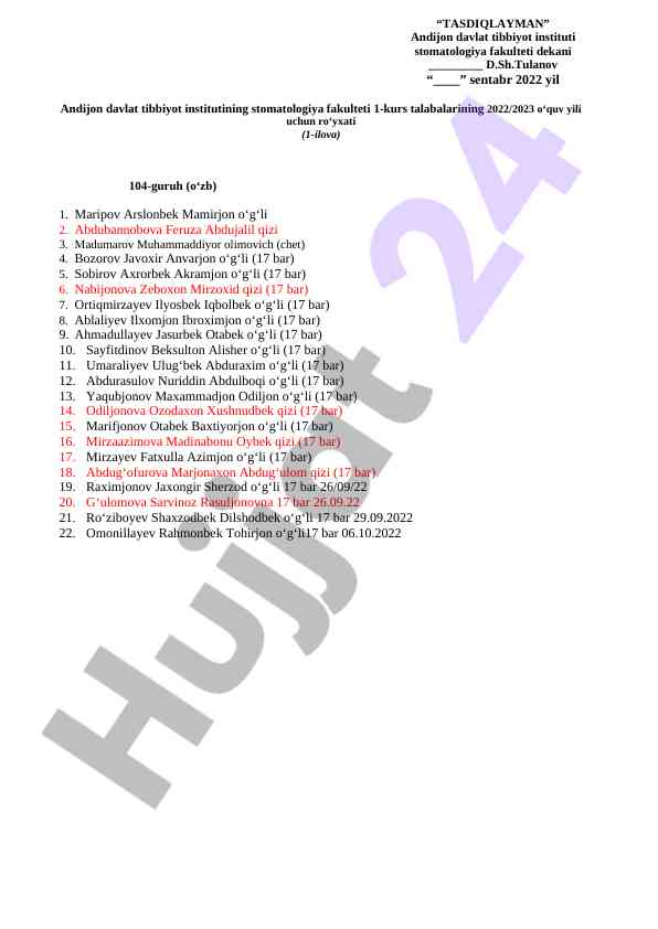 Stomatologiya fakulteti 1-kurs talabalari ro‘yxati 2022