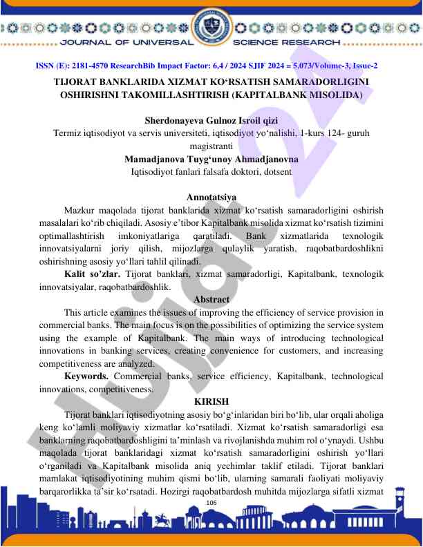 Tijorat banklarida xizmat ko'rsatish samaradorligini oshirish