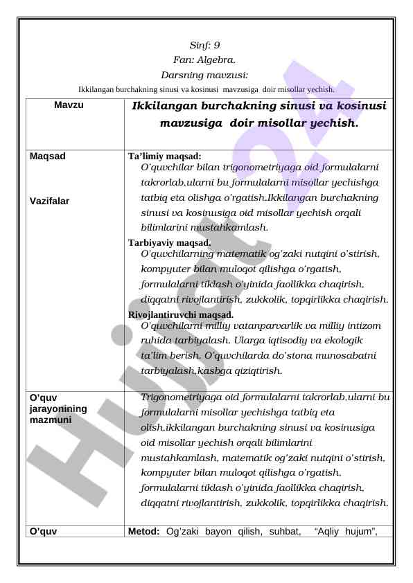Ikkilangan burchakning sinusi va kosinusi misollar
