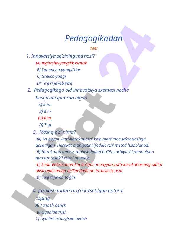 Innovatsiya va pedagogika bo'yicha test