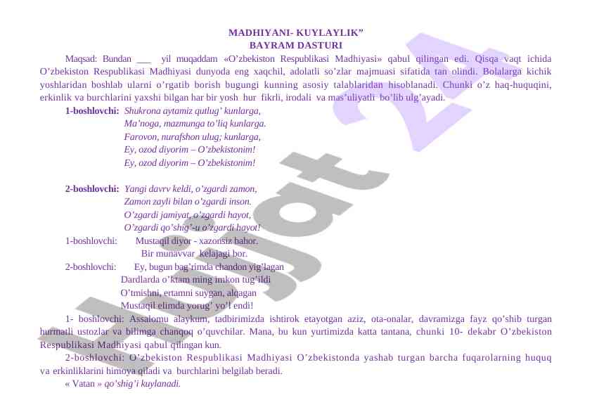 Madhiya bayram dasturi va tarbiyaviy maqsadlar