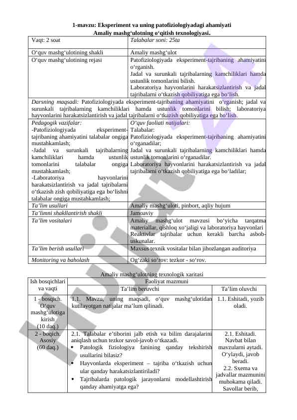 Eksperiment va uning patofiziologiyadagi ahamiyati