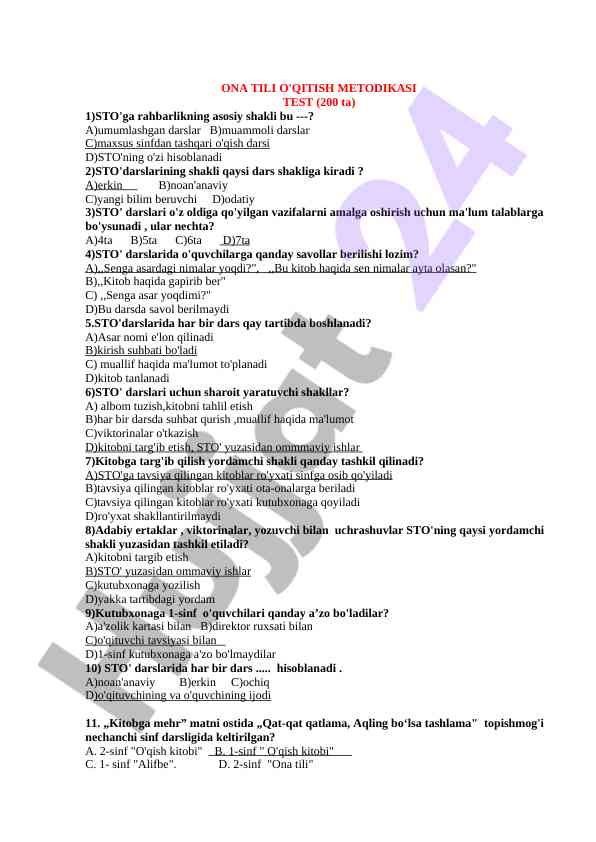 Ona tili o'qitish metodikasi test savollar bilan