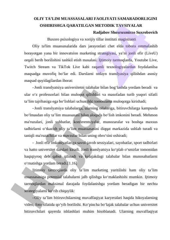 Oliy ta’limda jonli efir stratejiyalari
